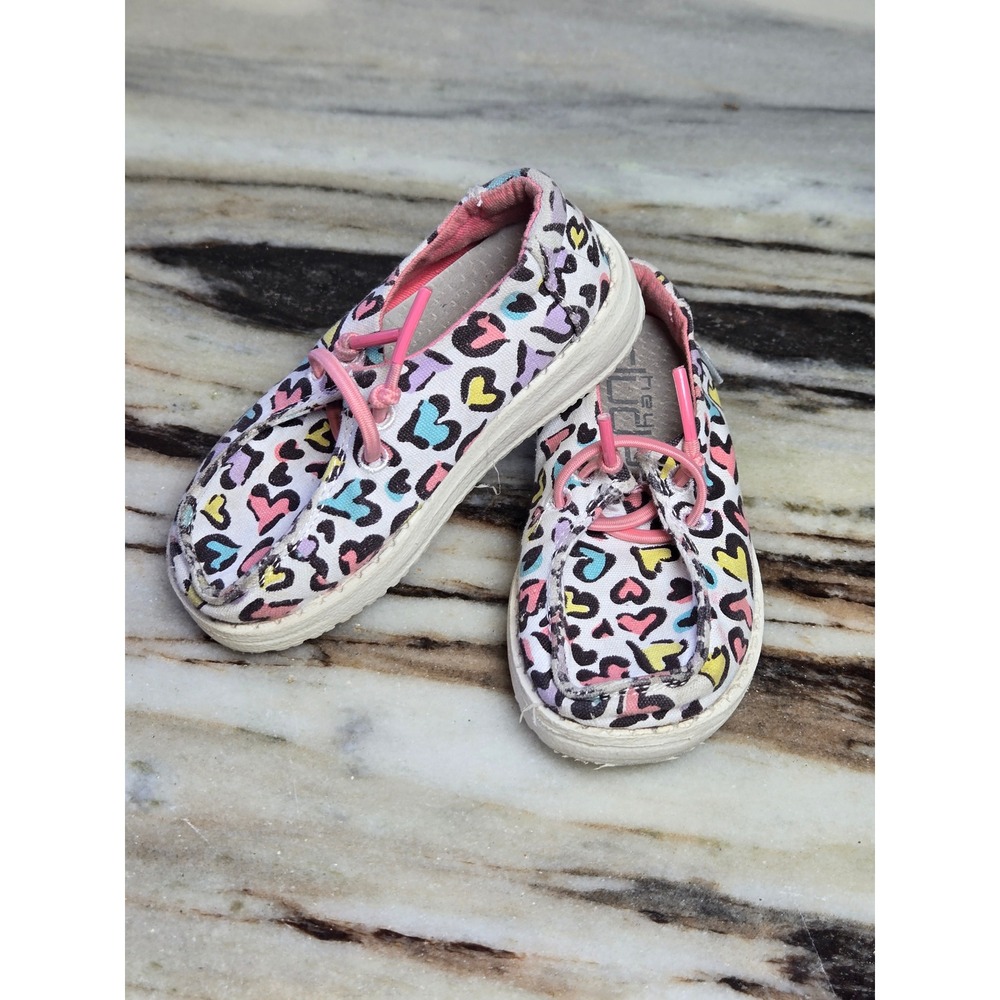 Hey Dude Wendy Toddler White Leopard Heart Print Slip On Shoes K7 EU 23